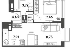 1-к квартира, строящийся дом, 34м2, 2/12 этаж