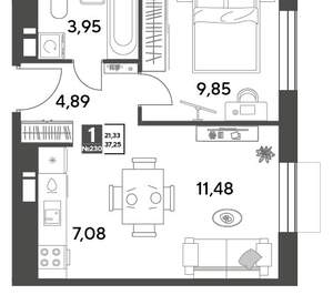 1-к квартира, строящийся дом, 37м2, 13/15 этаж