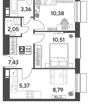 2-к квартира, строящийся дом, 48м2, 4/15 этаж