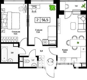 2-к квартира, вторичка, 57м2, 12/13 этаж