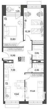 3-к квартира, строящийся дом, 78м2, 2/15 этаж
