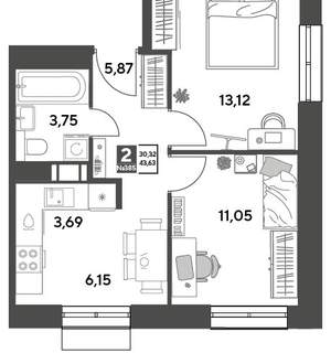 2-к квартира, строящийся дом, 44м2, 3/15 этаж