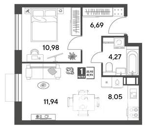 1-к квартира, строящийся дом, 42м2, 9/15 этаж