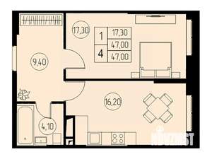 1-к квартира, строящийся дом, 47м2, 22/23 этаж