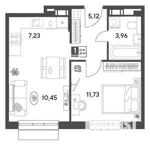 1-к квартира, строящийся дом, 38м2, 5/9 этаж