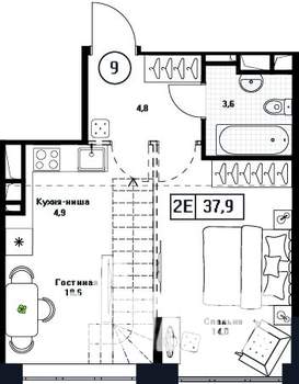 1-к квартира, вторичка, 38м2, 17/17 этаж