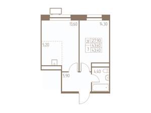 2-к квартира, строящийся дом, 43м2, 16/25 этаж