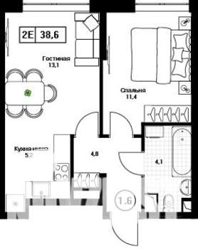 1-к квартира, вторичка, 39м2, 7/17 этаж