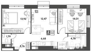 2-к квартира, строящийся дом, 62м2, 2/15 этаж