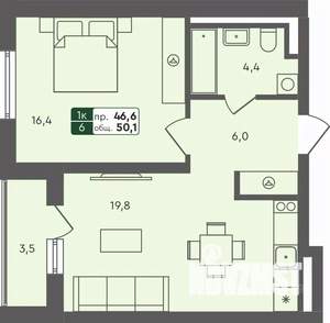 1-к квартира, строящийся дом, 50м2, 1/4 этаж