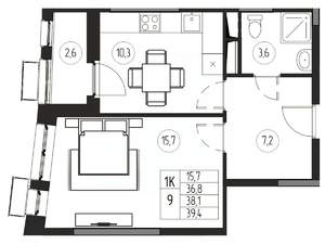 1-к квартира, вторичка, 38м2, 12/21 этаж