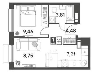 1-к квартира, строящийся дом, 34м2, 12/15 этаж