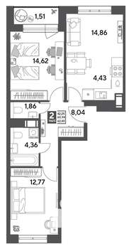 2-к квартира, строящийся дом, 62м2, 6/9 этаж