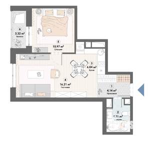 1-к квартира, строящийся дом, 45м2, 18/23 этаж