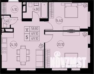 3-к квартира, строящийся дом, 69м2, 3/23 этаж