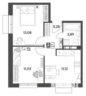 2-к квартира, строящийся дом, 44м2, 6/9 этаж