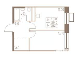 1-к квартира, строящийся дом, 40м2, 17/25 этаж
