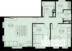 2-к квартира, строящийся дом, 63м2, 5/23 этаж