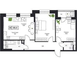 2-к квартира, вторичка, 69м2, 7/17 этаж