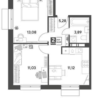 2-к квартира, строящийся дом, 44м2, 8/15 этаж