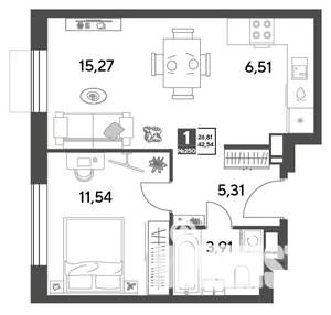 1-к квартира, строящийся дом, 43м2, 14/15 этаж