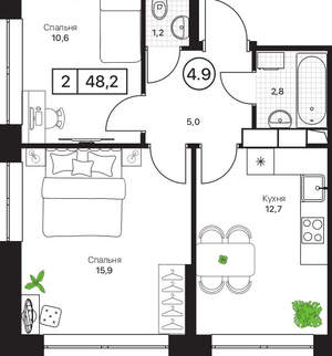 2-к квартира, вторичка, 48м2, 5/17 этаж