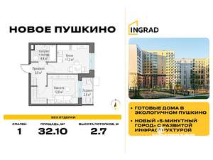 1-к квартира, строящийся дом, 32м2, 6/15 этаж