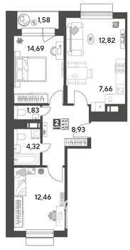 2-к квартира, строящийся дом, 64м2, 6/15 этаж