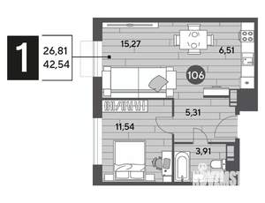 1-к квартира, строящийся дом, 43м2, 5/15 этаж