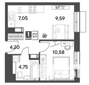 1-к квартира, строящийся дом, 36м2, 10/14 этаж