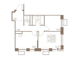 2-к квартира, строящийся дом, 56м2, 12/25 этаж