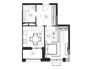 1-к квартира, вторичка, 37м2, 21/21 этаж