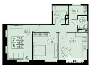 2-к квартира, строящийся дом, 63м2, 22/23 этаж