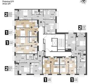 2-к квартира, строящийся дом, 67м2, 3/15 этаж