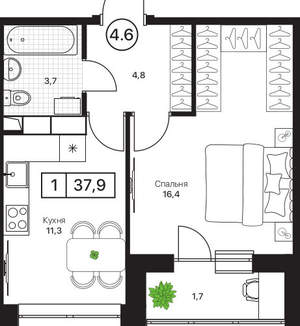 1-к квартира, вторичка, 38м2, 8/17 этаж