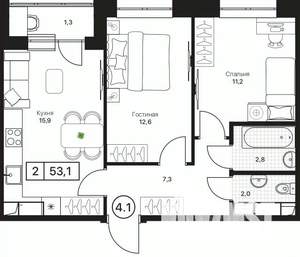 2-к квартира, вторичка, 53м2, 7/17 этаж