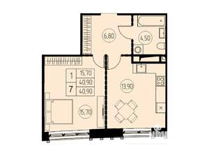 1-к квартира, строящийся дом, 41м2, 17/18 этаж