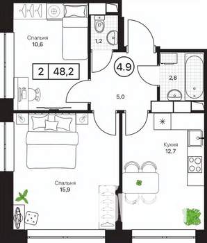2-к квартира, вторичка, 48м2, 8/17 этаж