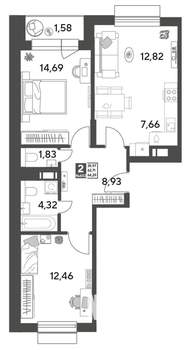 2-к квартира, строящийся дом, 64м2, 9/15 этаж