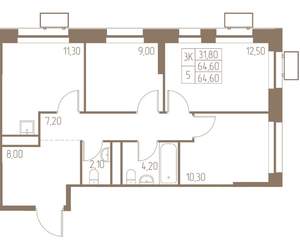 3-к квартира, строящийся дом, 65м2, 8/25 этаж