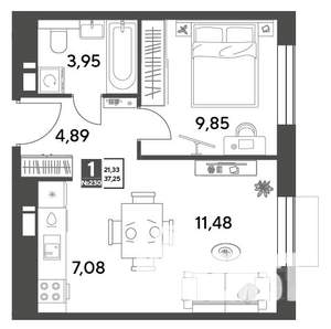 1-к квартира, строящийся дом, 37м2, 9/15 этаж