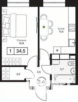 1-к квартира, вторичка, 35м2, 7/17 этаж
