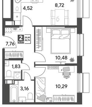 2-к квартира, строящийся дом, 47м2, 10/15 этаж