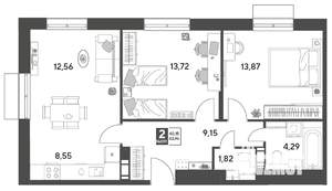 2-к квартира, строящийся дом, 64м2, 10/15 этаж