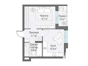 1-к квартира, строящийся дом, 34м2, 12/13 этаж
