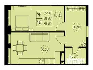 2-к квартира, строящийся дом, 50м2, 18/23 этаж