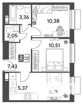 2-к квартира, строящийся дом, 48м2, 10/15 этаж