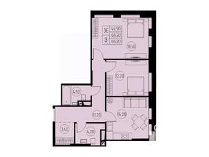 3-к квартира, строящийся дом, 68м2, 18/23 этаж