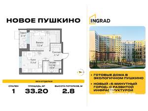 1-к квартира, строящийся дом, 33м2, 11/15 этаж