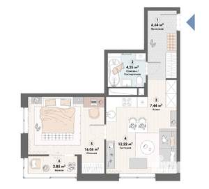 1-к квартира, строящийся дом, 49м2, 7/23 этаж